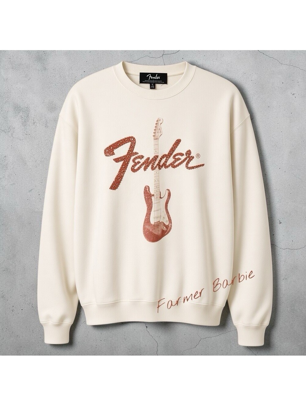 Fender Guitar Womens Size Lg Cream w/Rose Glitter Design Crewneck Sweatshirt NEW
